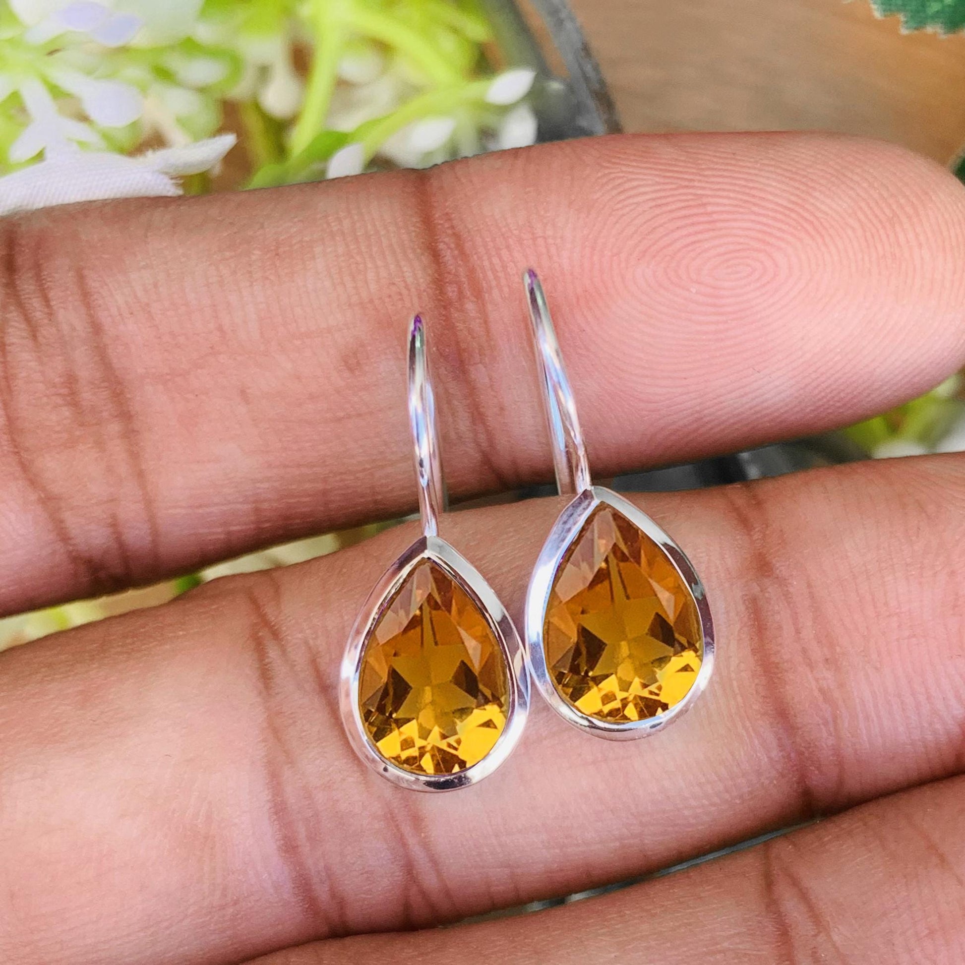 Dainty Citrine Pear Earrings - Sterling Silver & Gold Vermeil - BeadsBoatInc