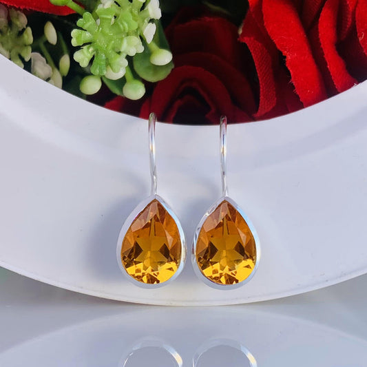 Dainty Citrine Pear Earrings - Sterling Silver & Gold Vermeil - BeadsBoatInc