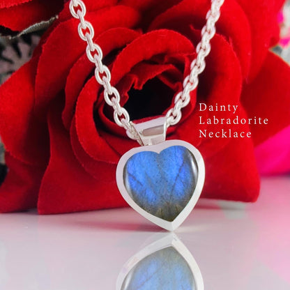 Dainty Labradorite Heart 925 Sterling Silver Necklace - BeadsBoatInc