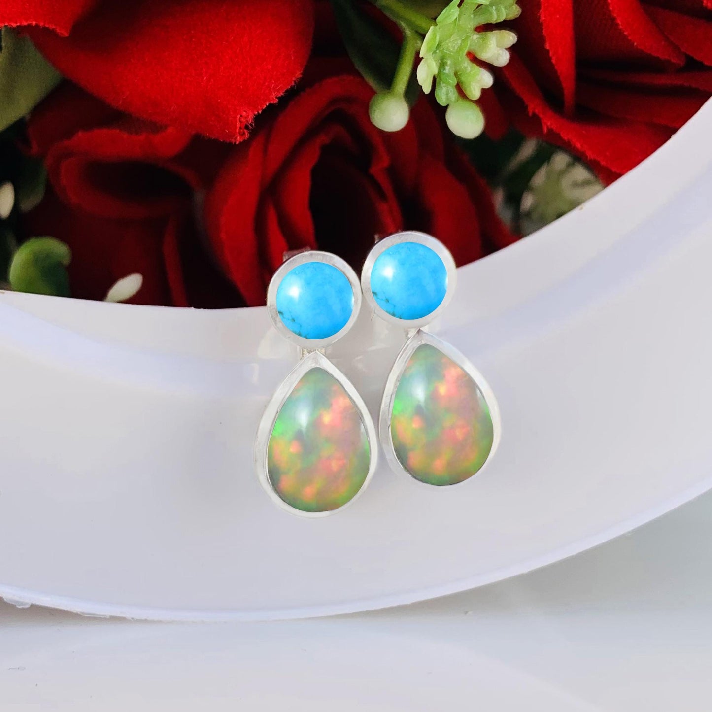 Dainty Opal & Turquoise Studs ~ Deliciated Silver Jewelry ~ Birthstone Jewelry ~ Gift For Mom / Her ~ High Finish Jewelry ~ E - 0080 - BeadsBoatInc
