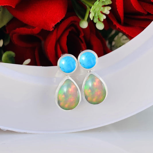 Dainty Opal & Turquoise Studs ~ Deliciated Silver Jewelry ~ Birthstone Jewelry ~ Gift For Mom / Her ~ High Finish Jewelry ~ E - 0080 - BeadsBoatInc