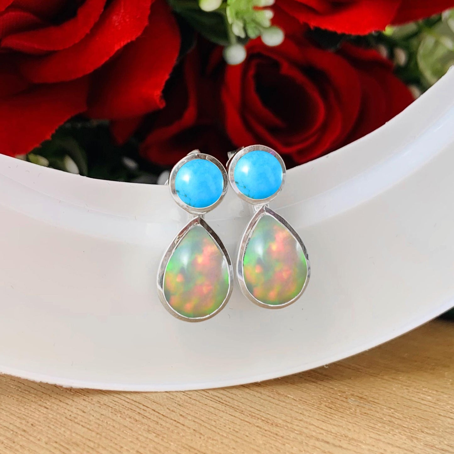 Dainty Opal & Turquoise Studs ~ Deliciated Silver Jewelry ~ Birthstone Jewelry ~ Gift For Mom / Her ~ High Finish Jewelry ~ E - 0080 - BeadsBoatInc