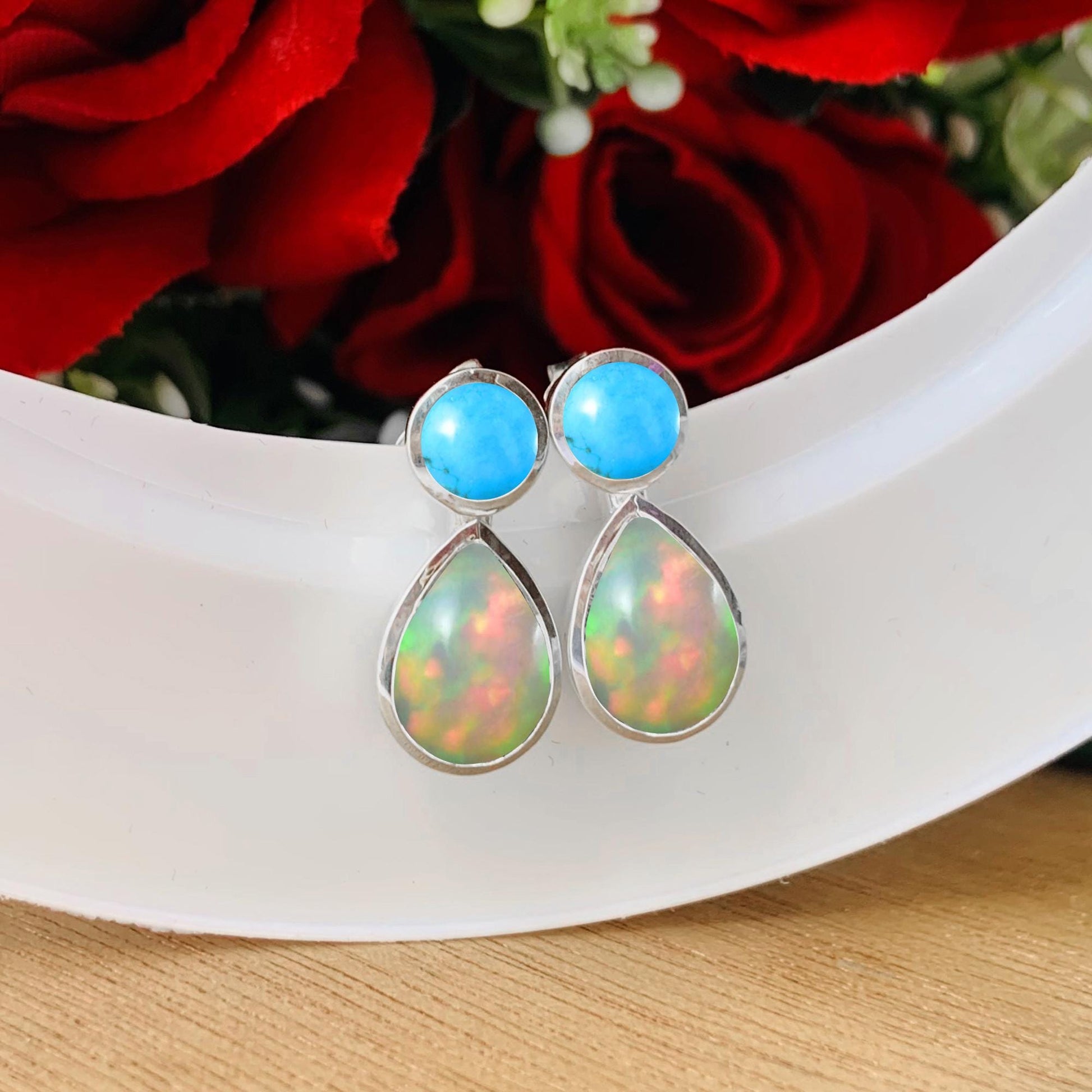 Dainty Opal & Turquoise Studs ~ Deliciated Silver Jewelry ~ Birthstone Jewelry ~ Gift For Mom / Her ~ High Finish Jewelry ~ E - 0080 - BeadsBoatInc