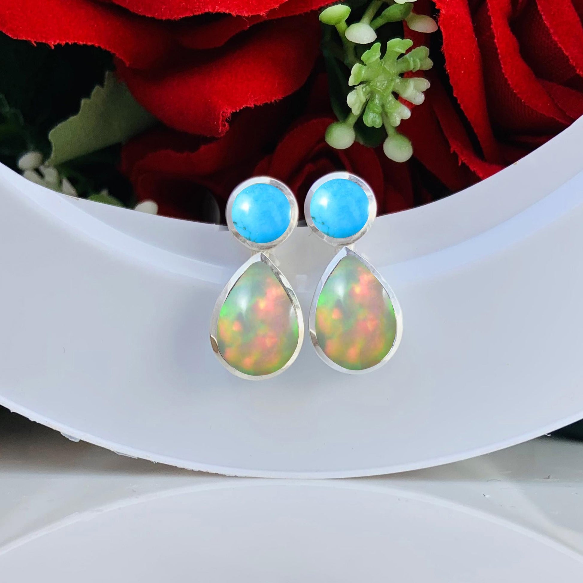 Dainty Opal & Turquoise Studs ~ Deliciated Silver Jewelry ~ Birthstone Jewelry ~ Gift For Mom / Her ~ High Finish Jewelry ~ E - 0080 - BeadsBoatInc