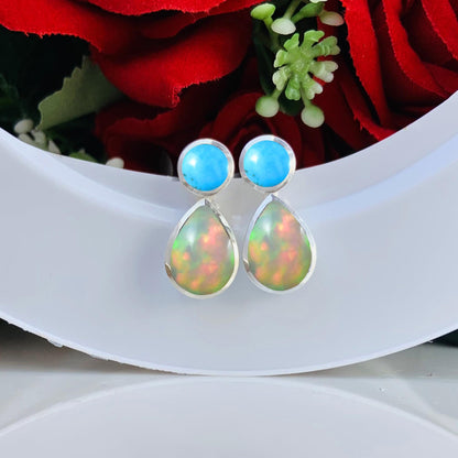 Dainty Opal & Turquoise Studs ~ Deliciated Silver Jewelry ~ Birthstone Jewelry ~ Gift For Mom / Her ~ High Finish Jewelry ~ E - 0080 - BeadsBoatInc
