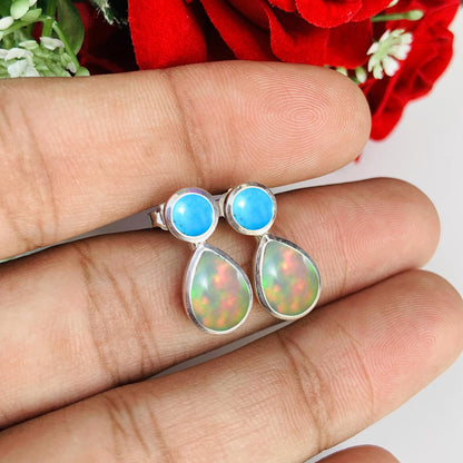 Dainty Opal & Turquoise Studs ~ Deliciated Silver Jewelry ~ Birthstone Jewelry ~ Gift For Mom / Her ~ High Finish Jewelry ~ E - 0080 - BeadsBoatInc
