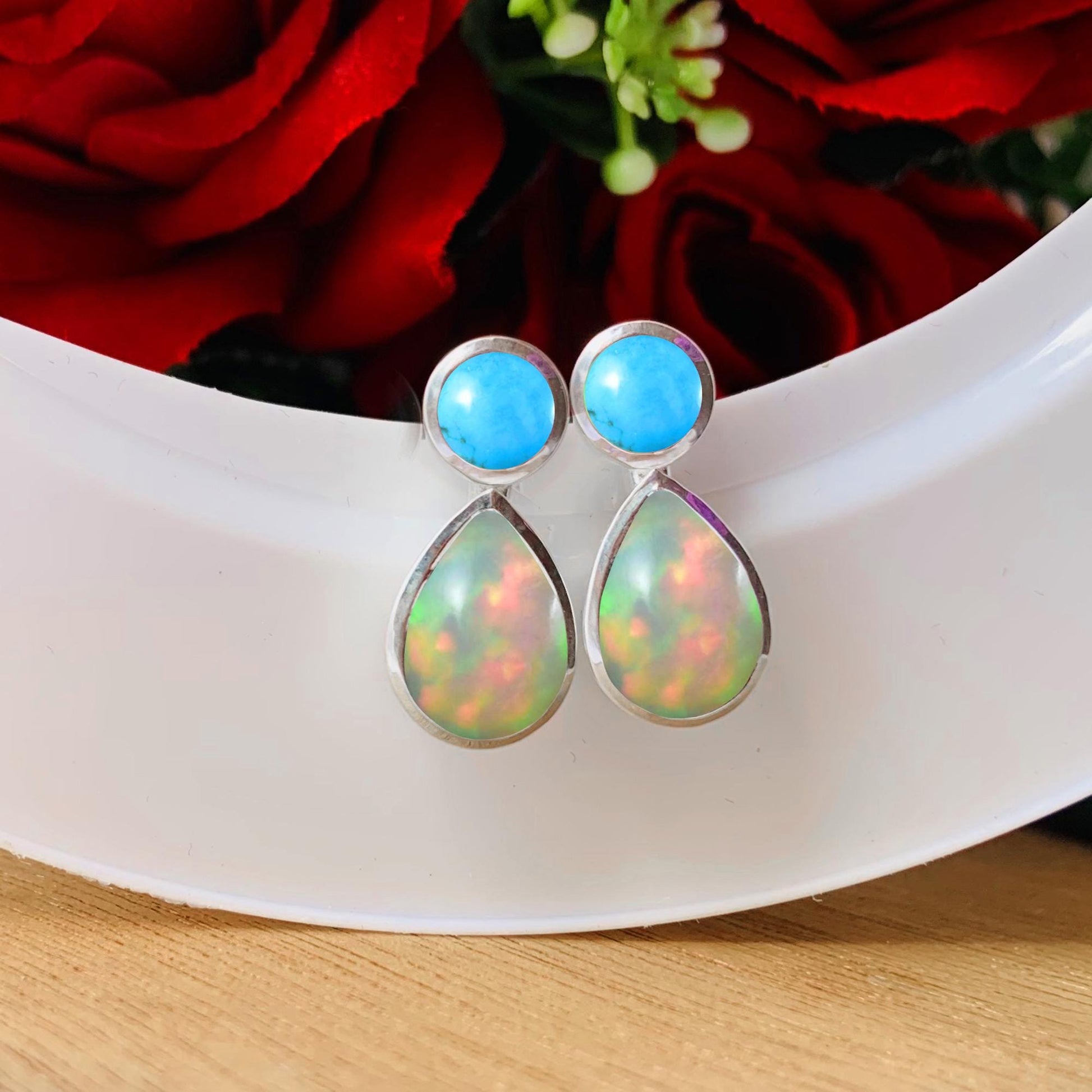 Dainty Opal & Turquoise Studs ~ Deliciated Silver Jewelry ~ Birthstone Jewelry ~ Gift For Mom / Her ~ High Finish Jewelry ~ E - 0080 - BeadsBoatInc