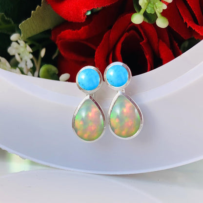 Dainty Opal & Turquoise Studs ~ Deliciated Silver Jewelry ~ Birthstone Jewelry ~ Gift For Mom / Her ~ High Finish Jewelry ~ E - 0080 - BeadsBoatInc