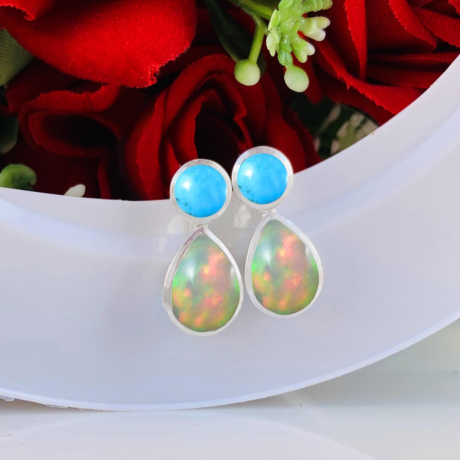 Dainty Opal & Turquoise Studs ~ Deliciated Silver Jewelry ~ Birthstone Jewelry ~ Gift For Mom / Her ~ High Finish Jewelry ~ E - 0080 - BeadsBoatInc
