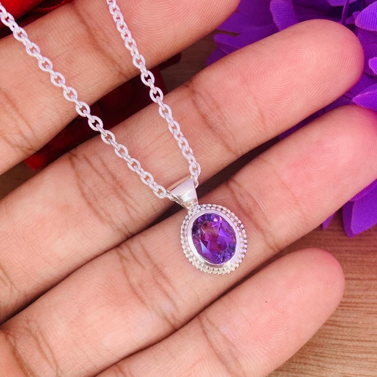 Dainty Oval Amethyst 925 Sterling Silver Necklace - BeadsBoatInc