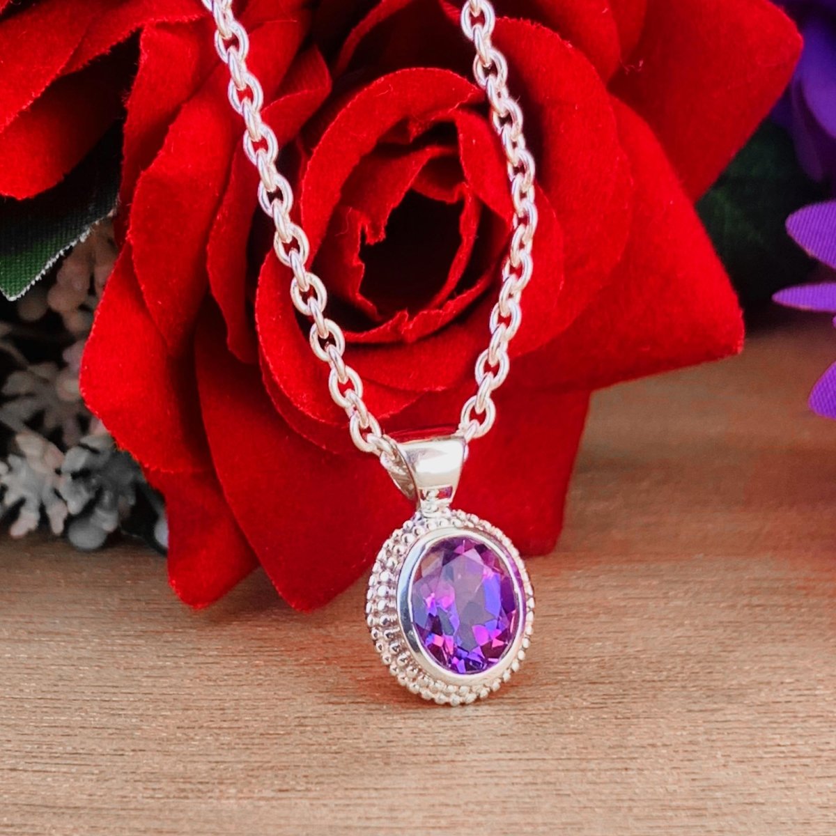 Dainty Oval Amethyst 925 Sterling Silver Necklace - BeadsBoatInc