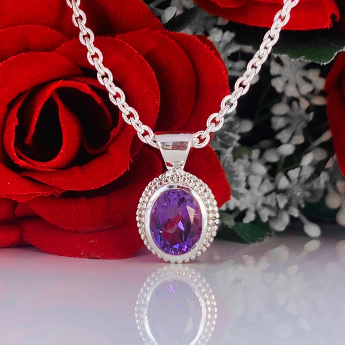 Dainty Oval Amethyst 925 Sterling Silver Necklace - BeadsBoatInc