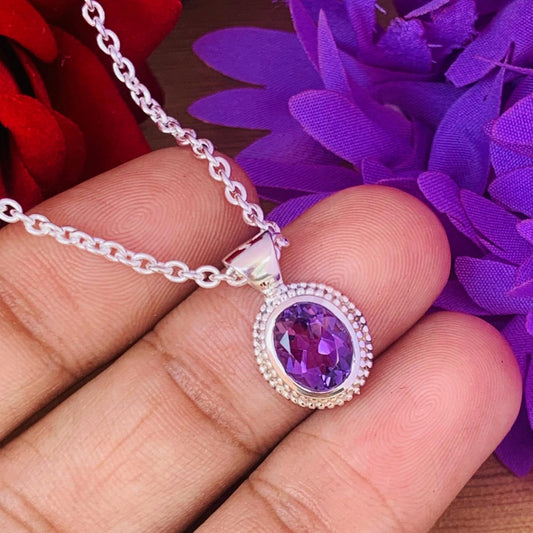 Dainty Oval Amethyst 925 Sterling Silver Necklace - BeadsBoatInc