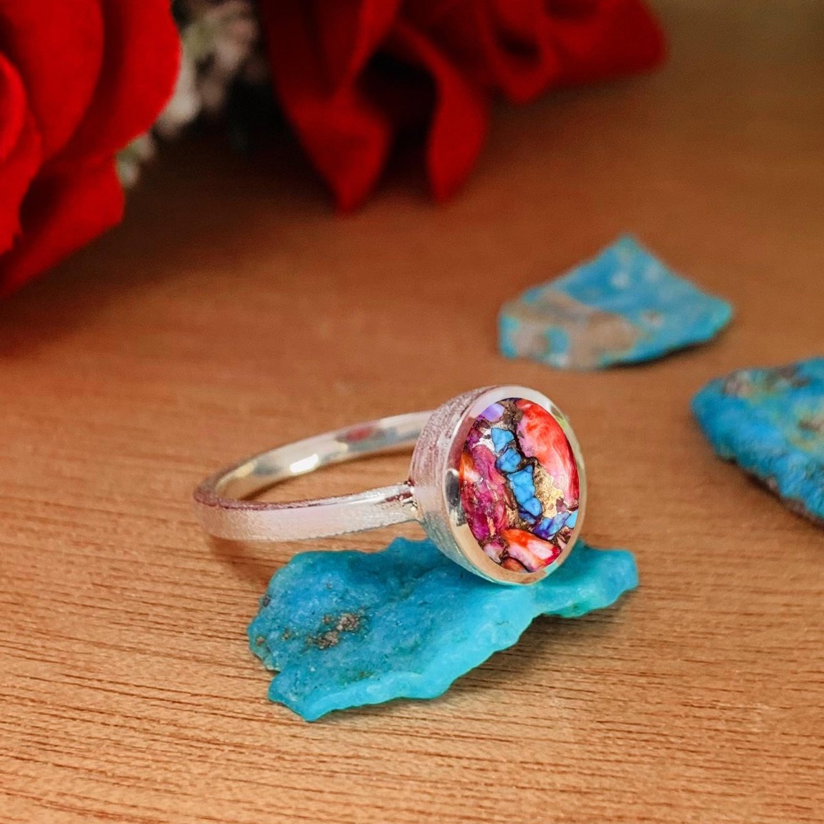 Dainty Oyster Pink Turquoise Solitaire Ring in 925 Silver - BeadsBoatInc
