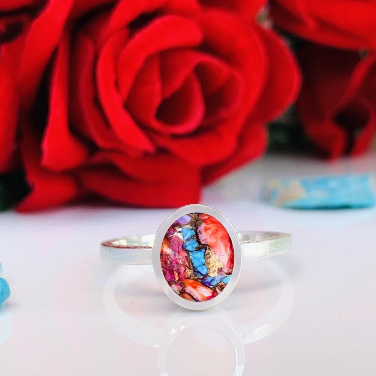 Dainty Oyster Pink Turquoise Solitaire Ring in 925 Silver - BeadsBoatInc