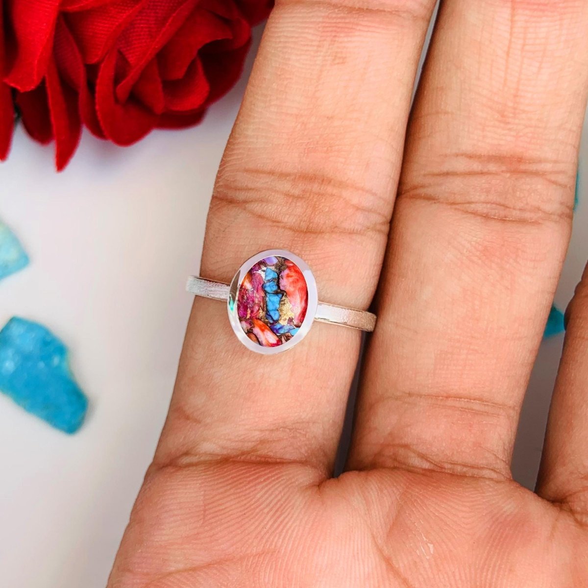 Dainty Oyster Pink Turquoise Solitaire Ring in 925 Silver - BeadsBoatInc