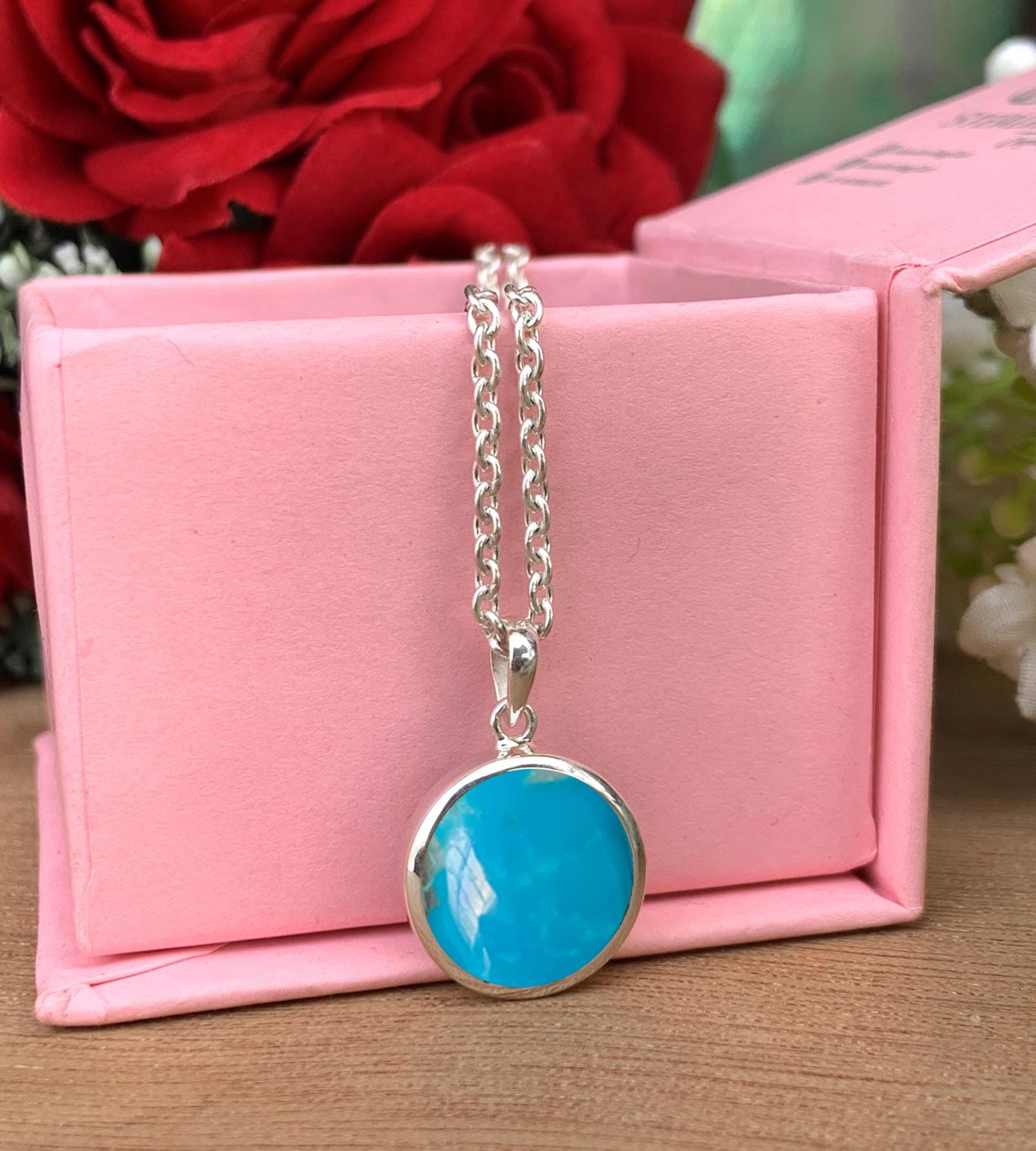 Dainty Silver Turquoise Pendant Necklace – Blue Gemstone Gift for Her - BeadsBoatInc