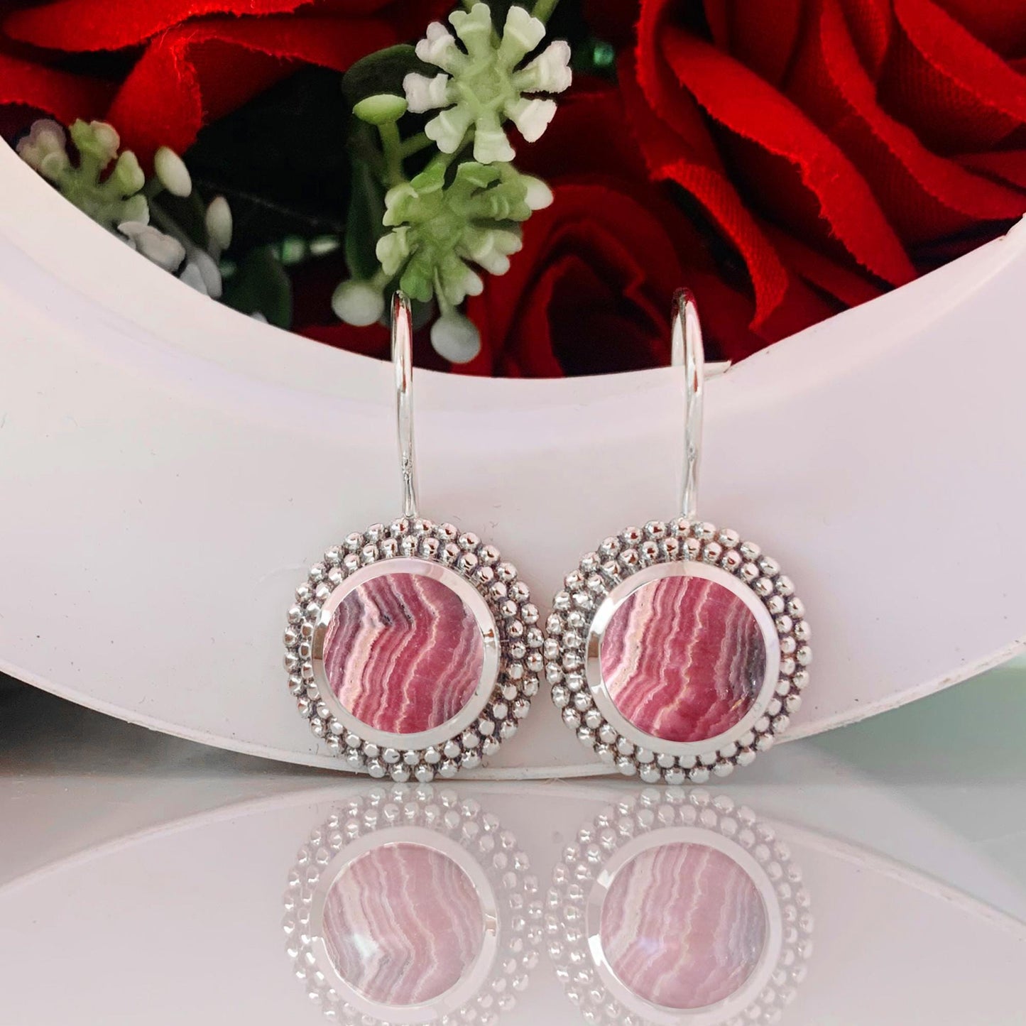 Natural Pink Rhodochrosite Dangle Earrings - 925 Sterling Silver Gemstone Jewelry
