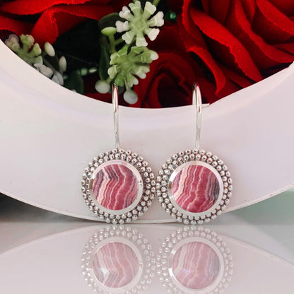 Natural Pink Rhodochrosite Dangle Earrings - 925 Sterling Silver Gemstone Jewelry