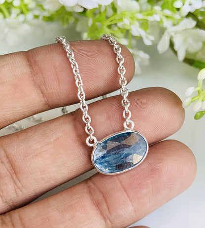 Blue Kyanite Rosecut Necklace – Minimalist Silver & Gold Pendant, Gift for Her
