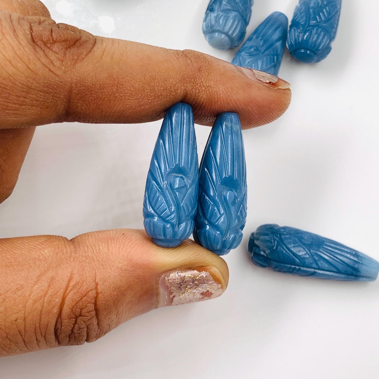 Hand Carved Blue Opal Briolette Beads: Drop Shape Pair, 9x26mm