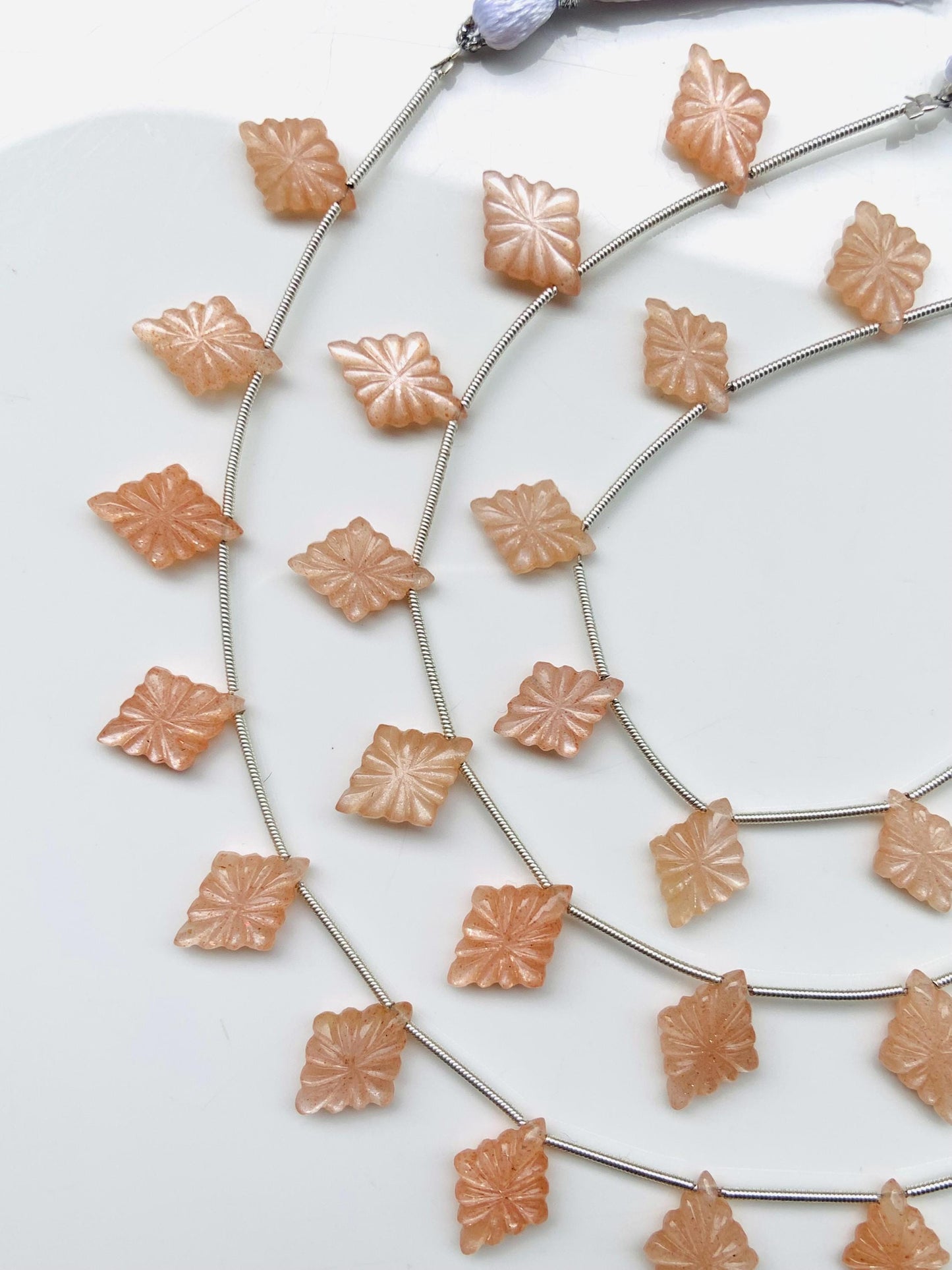 10 Pcs Natural Peach Moonstone Slot Carved Side drill gemstone Fancy shape Briolette lozenge beads for jewelry Size 11x15x4mm gift for her