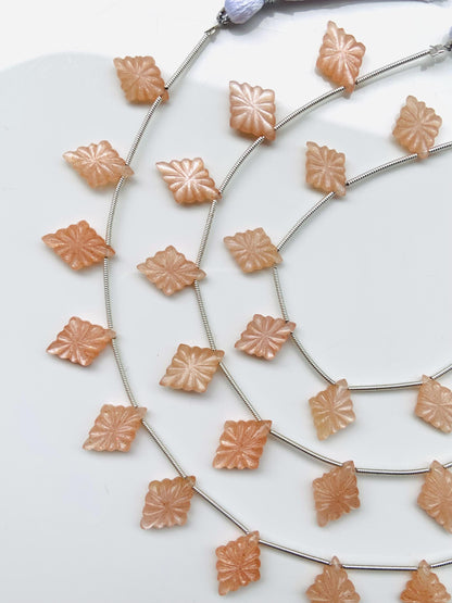 10 Pcs Natural Peach Moonstone Slot Carved Side drill gemstone Fancy shape Briolette lozenge beads for jewelry Size 11x15x4mm gift for her