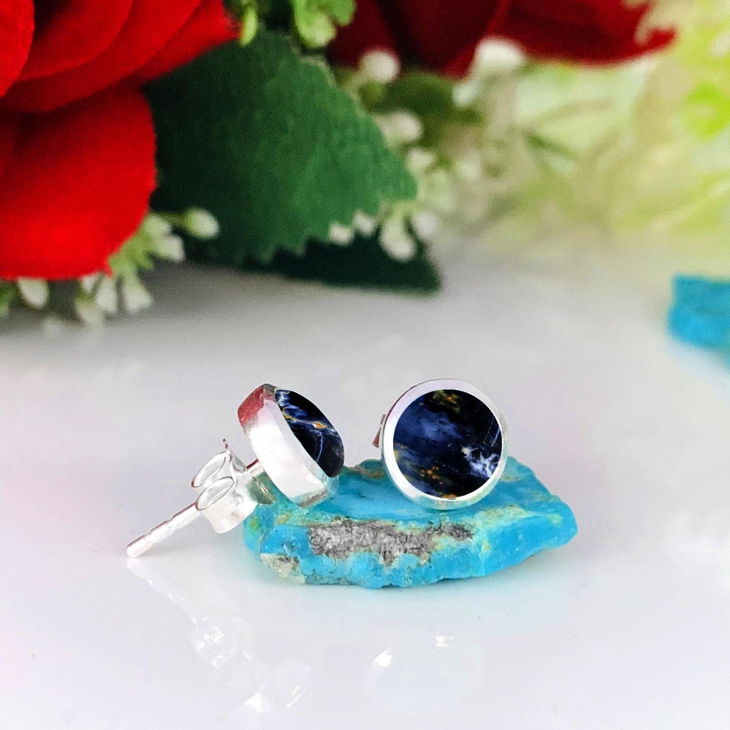 Pietersite Stud Earrings ~ Round Blue Gemstone Earrings ~ Sterling Silver Minimalist Studs ~ Dainty Natural Stone Jewelry ~ Gift for Her