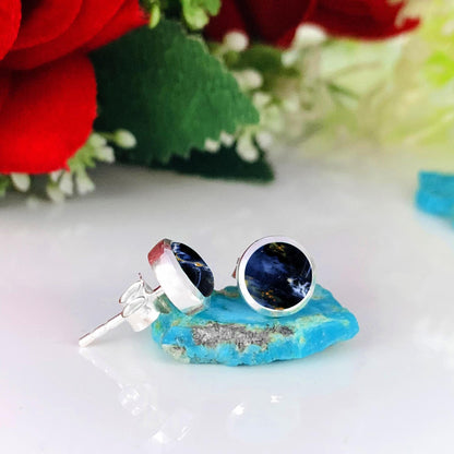 Pietersite Stud Earrings ~ Round Blue Gemstone Earrings ~ Sterling Silver Minimalist Studs ~ Dainty Natural Stone Jewelry ~ Gift for Her