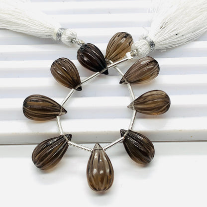 10 Pieces Natural Smoky Quartz Carved Drops Briolette Beads Size 14x8mm Natural Smoky Quartz Faceted Gemstone Tear drops for Jewelry making