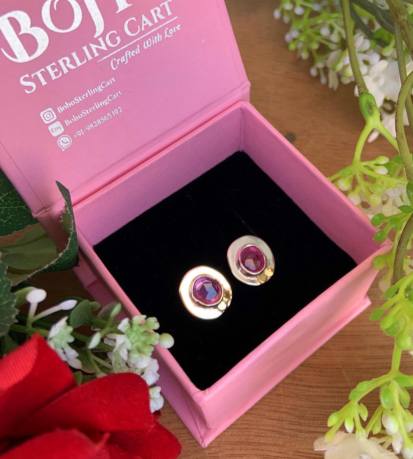 Ruby Studs Earrings ~ Minimalist Silver Stud Earrings ~ Rustic artisan jewelry ~ Pink Ruby Birthstone Earrings ~ Gift For Her ~ E-0047