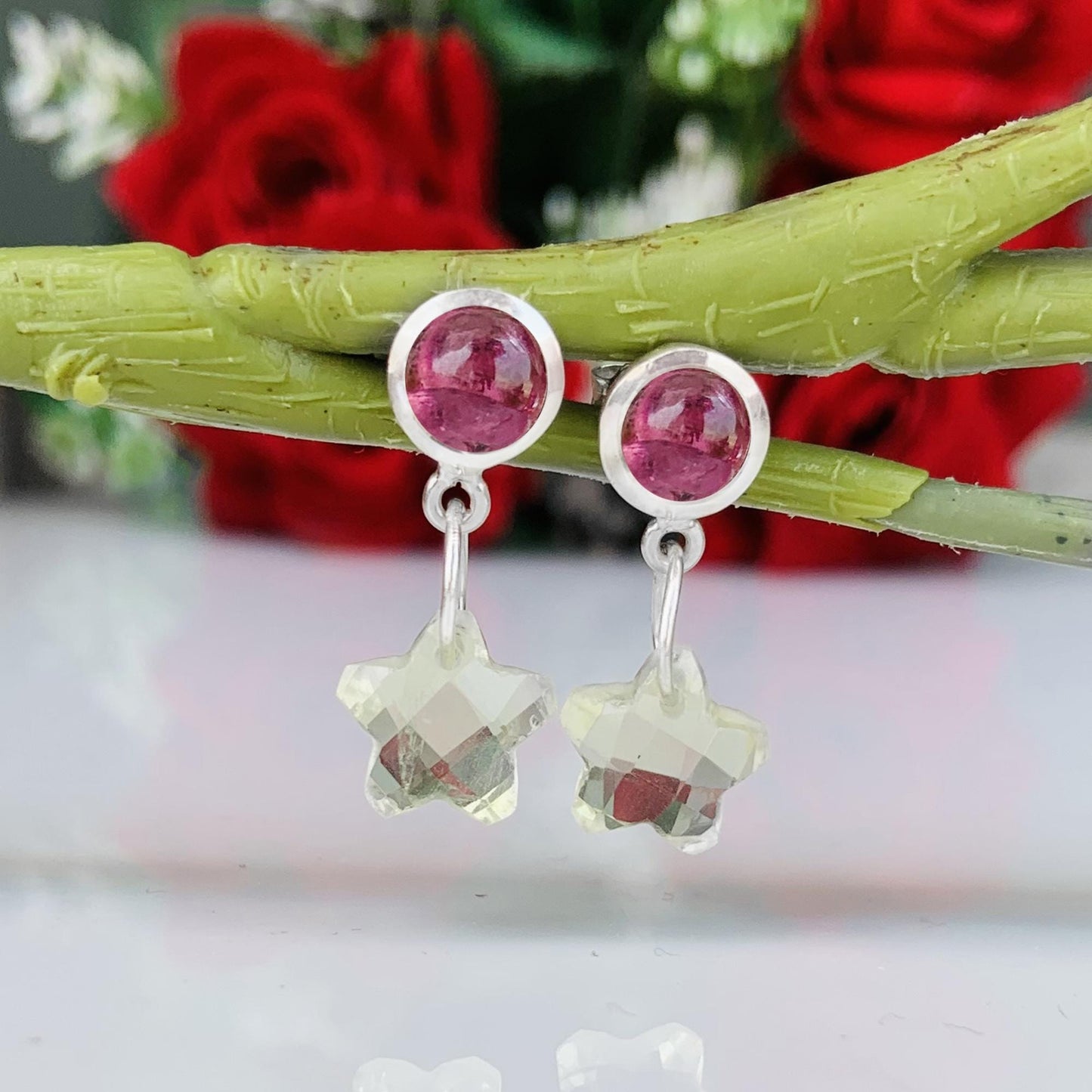 Pink Tourmaline and Lemon Quartz Star Earrings ~ Sterling Silver Dainty Gemstone Dangle Studs ~ Silver and Vermeil Gold ~ Gift For Her