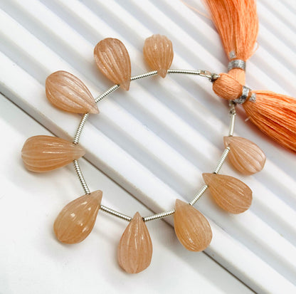 10 Pieces Natural Peach moonstone Carved Drops Briolette Beads 14x8mm to 13x8mm Natural Peach moonstone Faceted Gemstone Tear drops jewelry