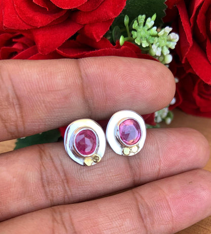 Ruby Studs Earrings ~ Minimalist Silver Stud Earrings ~ Rustic artisan jewelry ~ Pink Ruby Birthstone Earrings ~ Gift For Her ~ E-0047