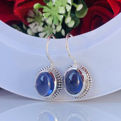 Natural Iolite Earrings ~ Boho Silver Earrings ~ Oval Shape Blue Stone ~ Cold Tone Earrings ~ Available in 18k Gold Finish ~ E-0024