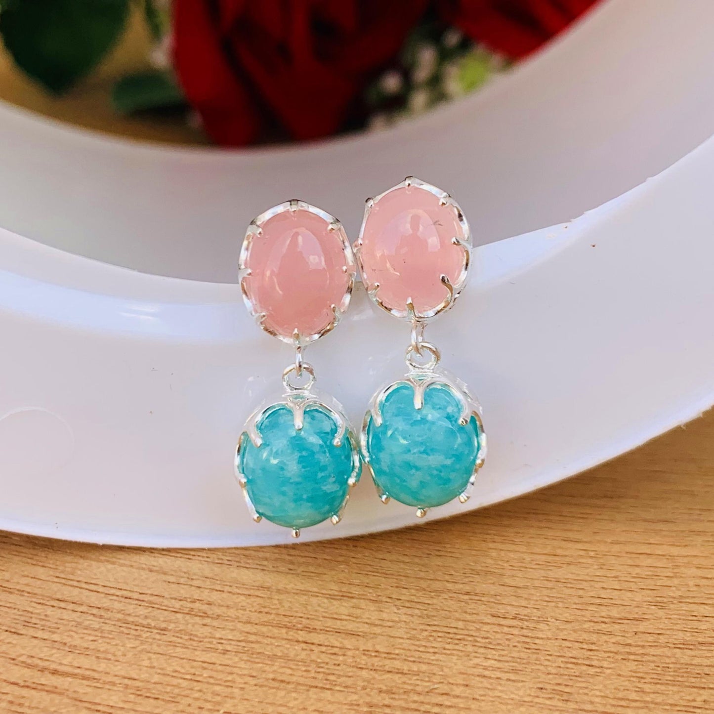 Rose Quartz & Amazonite Drop Earrings – Sterling Silver Dangle Studs for Women