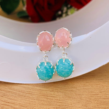 Rose Quartz & Amazonite Drop Earrings – Sterling Silver Dangle Studs for Women