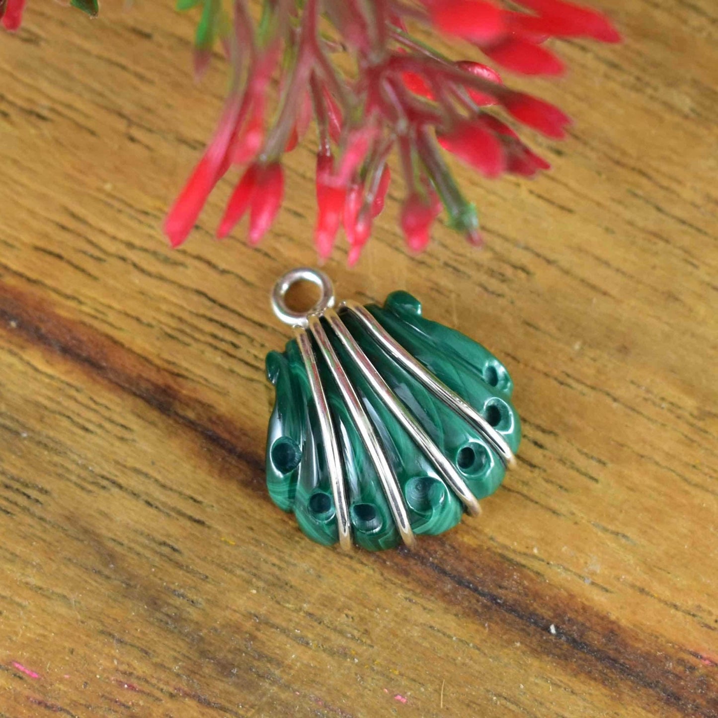 Scallop Shell Malachite Pendant, Sterling Silver Pendant, Shell Pendant Jewelry Natural Malachite Pendant Unique Art Jewelry for Gift P-0001