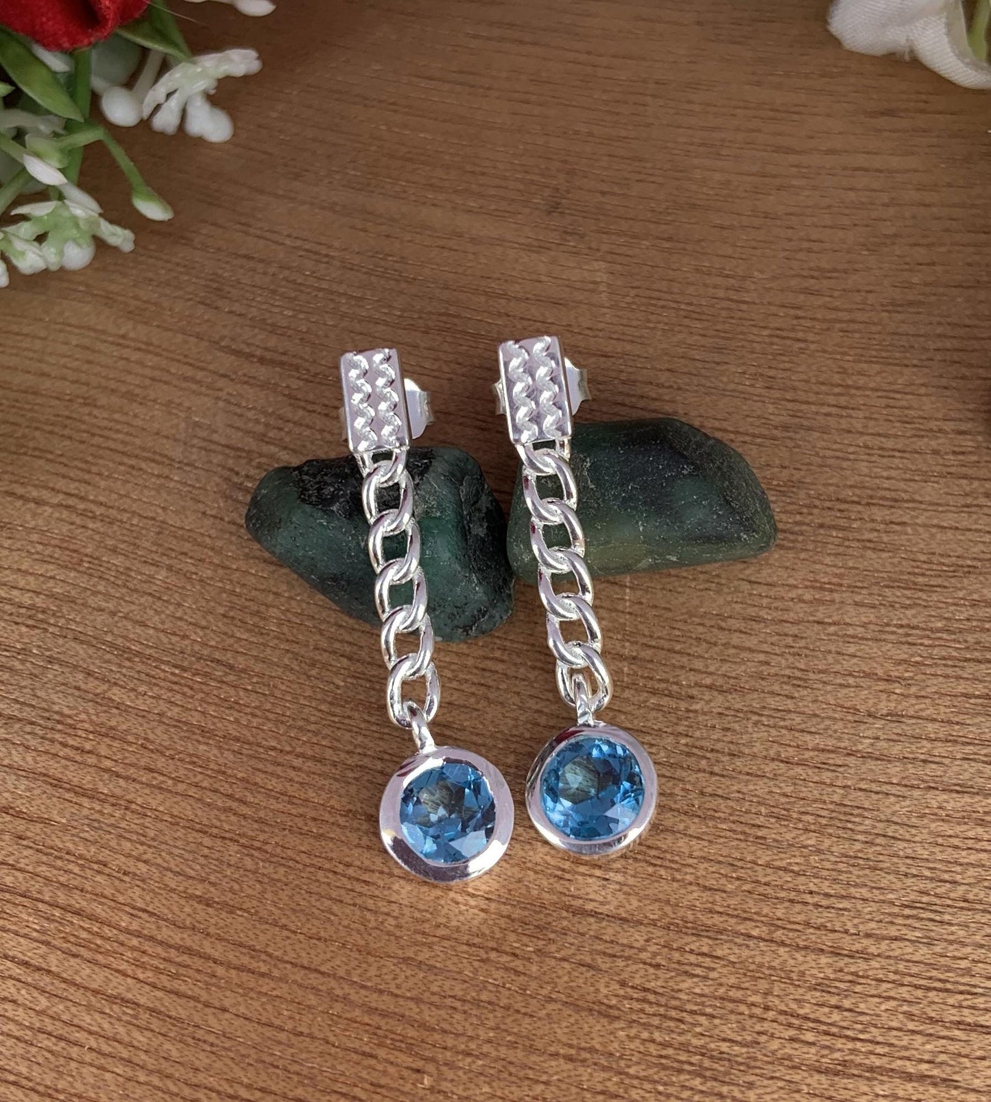 Blue topaz earrings, Silver and gold vermeil Jewelry, minimalist chain design earrings, Everyday wear, Dangling earrings, gift for her