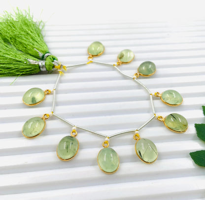 Natural Prehnite Smooth Oval Gemstone Gold Bezel Connector 8x10mm