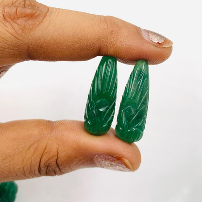 Hand Carved Green Jade Briolette Beads: Drop Shape Gemstone Pair (9x26mm