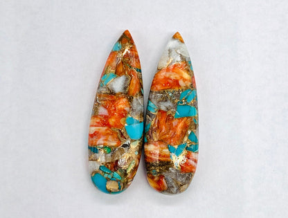 1 Pair Spiny Oyster Copper Turquoise Smooth Long Pear Shape Flat back  Gemstone Size 10x31mm, Matching Pair Briolette, Earring Making BBI971