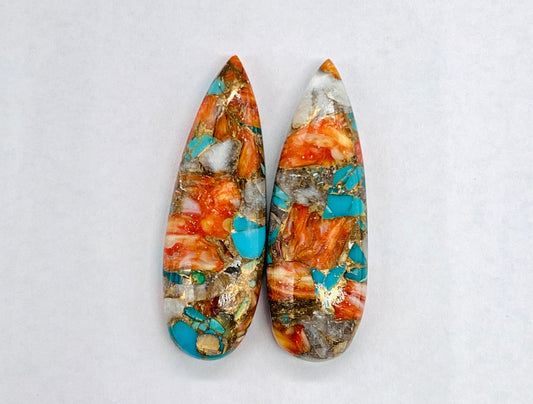 1 Pair Spiny Oyster Copper Turquoise Smooth Long Pear Shape Flat back  Gemstone Size 10x31mm, Matching Pair Briolette, Earring Making BBI971