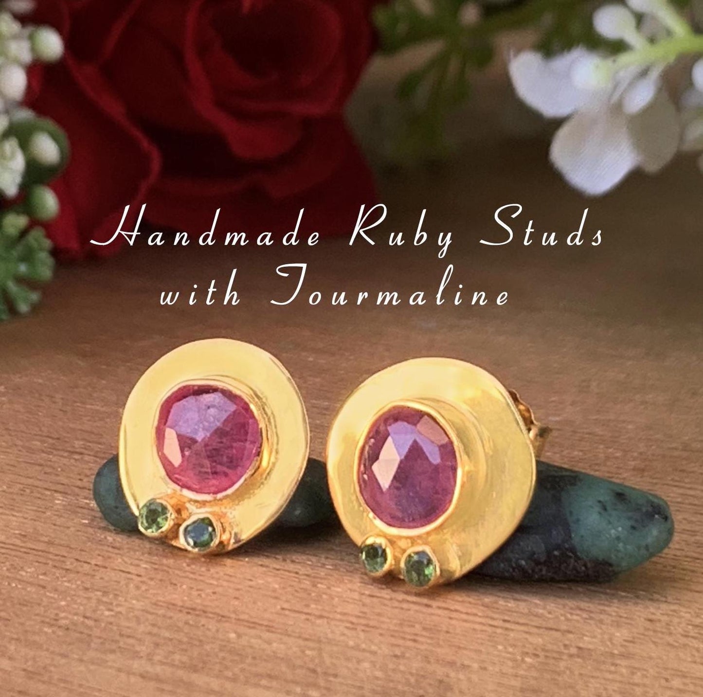 Rosecut Ruby Stud Earrings ~ Vermeil Gold and Silver Earrings ~ Ruby and Green Tourmaline ~ Dainty Stud Earrings ~ Handmade Jewelry ~ E-0048