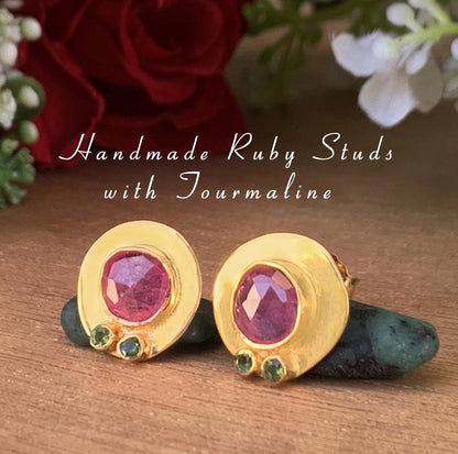 Rosecut Ruby Stud Earrings ~ Vermeil Gold and Silver Earrings ~ Ruby and Green Tourmaline ~ Dainty Stud Earrings ~ Handmade Jewelry ~ E-0048