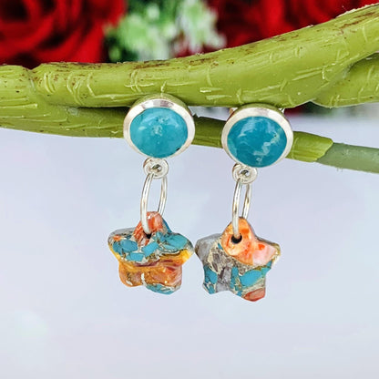 Turquoise & Oyster Copper Star Dangle Earrings – Sterling Silver Handmade Boho Jewelry