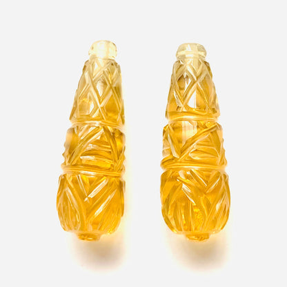 1 Pair Natural Citrine Hand Carved Drop Shape Briolette Beads, Handmade Matching Pair beads, Earring Making Gemstone Size - 26X9mm