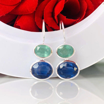 Captivating Duo Kyanite earrings ~ Blue & Green Color combination ~ Silver and Gold Finish ~ Birthday gifts for her ~ E-0021