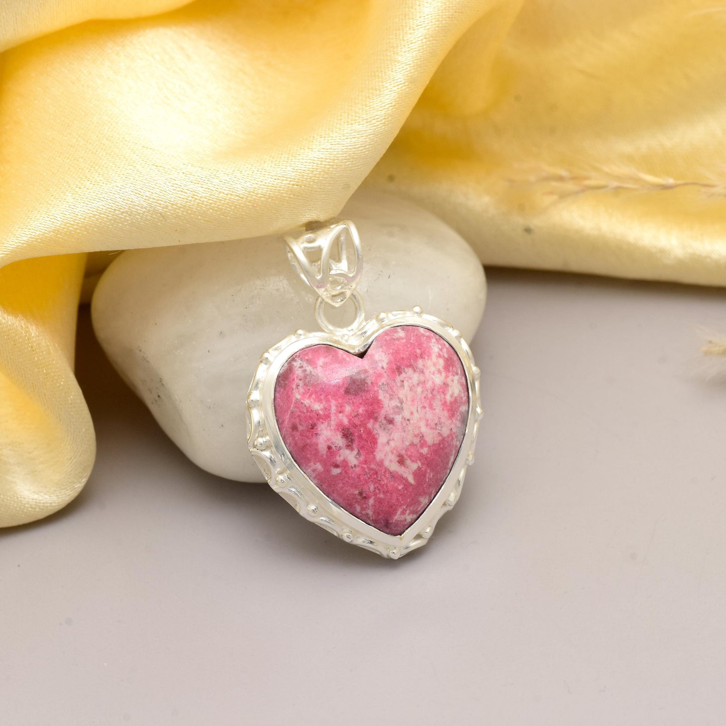 Handmade Pink Thulite Heart Pendant 925 Sterling Silver Gift for Her