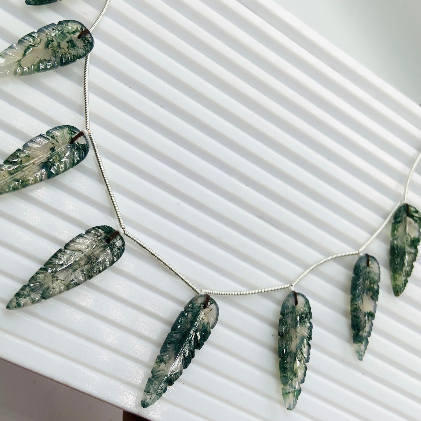 10 Pieces Natural Moss Agate Leaf Shape Carved Briolette Beads